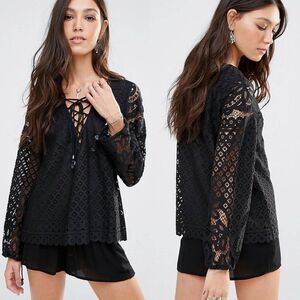 TULAROSA Lace Crochet Top Small Black Long Sleeve Whimsigoth Witchcore Bohemian